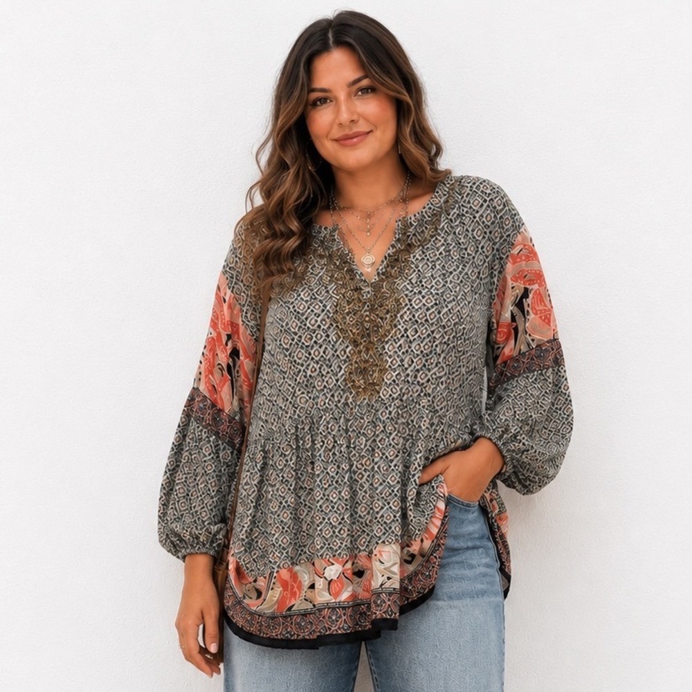 Style & Co Tunic Top 16 Sequin V-Neck Cotton Boho Mixed Print
